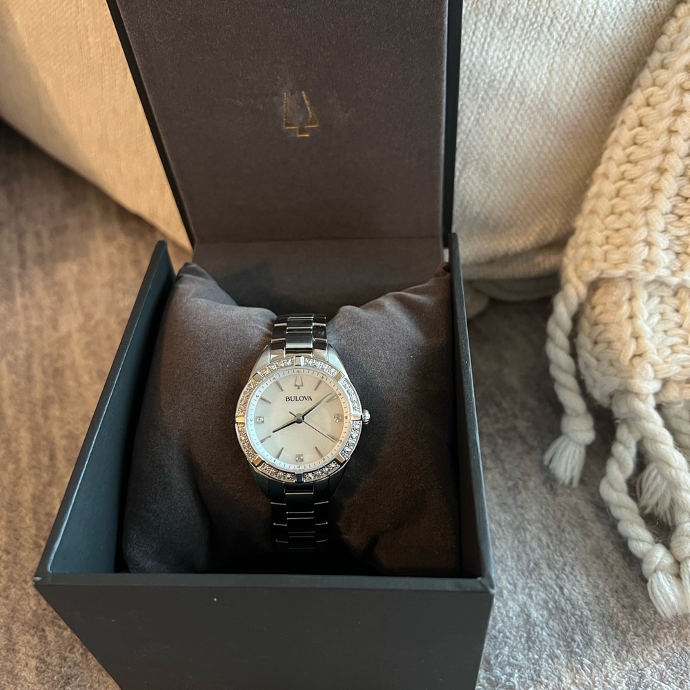 Bulova Silver and Black men’s/womens Crystal Accent Bracelet Watch